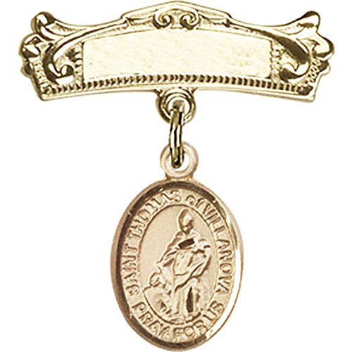 Gold Filled Baby Badge with St. Thomas of Villanova Charm and Arched Polished Badge Pin 7/8 X 3/4 inches