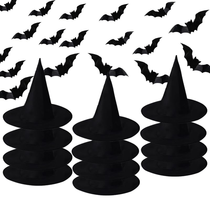 Photo 1 of Orgrimmar 12 PCS Halloween Witch Hats with Hanging Pope, 32 3D PCS Bat Stickers for Halloween Party Decorations, Outdoor and Indoor Hanging Decorations