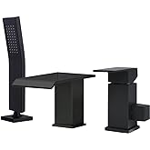 Beiyi Waterfall Roman Tub Faucet with Hand Shower Matte Black 3 Hole Bathtub Faucet with Sprayer Deck Mount Bath Tub Filler S