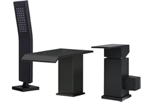 Beiyi Waterfall Roman Tub Faucet with Hand Shower Matte Black 3 Hole Bathtub Faucet with Sprayer Deck Mount Bath Tub Filler Set, BY012RB