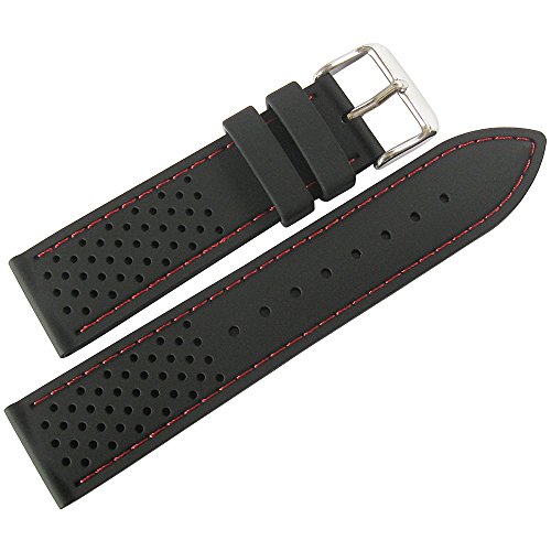 Fluco 24mm Black Silicone Rubber Red-Stitch Watch Strap