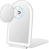 FUNTOUCH Rechargeable Travel Makeup Mirror with Lights,Portable Lighted Compact Mirror with Small 10X Magnification,3 Color Lighting, Dimmable Touch Screen, Tabletop LED Folding Cosmetic Vanity Mirror