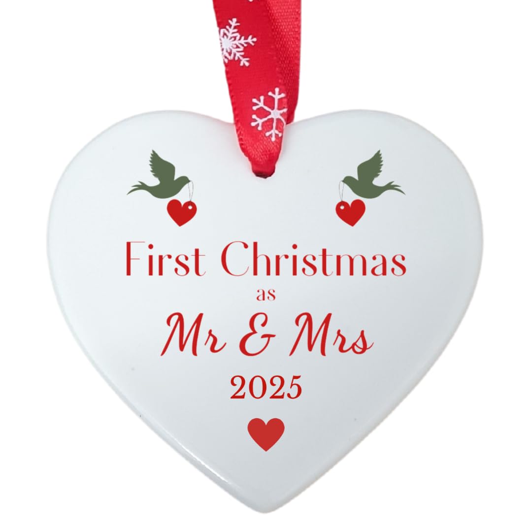 Second Ave First Christmas as Mr & Mrs White Ceramic Hanging Heart Christmas Xmas Tree Decoration Bauble