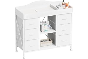Yetom Changing Table, 6-Drawer Baby Dresser with Changing Table top, Waterproof Diaper Changing Station & Pad, 2 Height-Adjustable Open Storage Shelves, Mobile Nursery Organizer, White