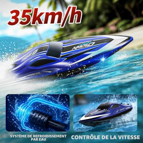 35km/h Waterproof 2.4GHz RC Boat with LED and Flip Function, Water Cooled, Dual Battery, Range and Battery Alarm, Ideal for Kids and Adults, Swimming Pool and Lake