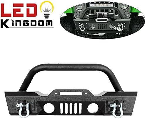 07-17 Jeep Wrangler JK Textured Short Stubby Front Bumper With Fog Lights Hole &amp;2x D-Ring &amp; Winch Plate (Black) By LEDKINGDOMUS