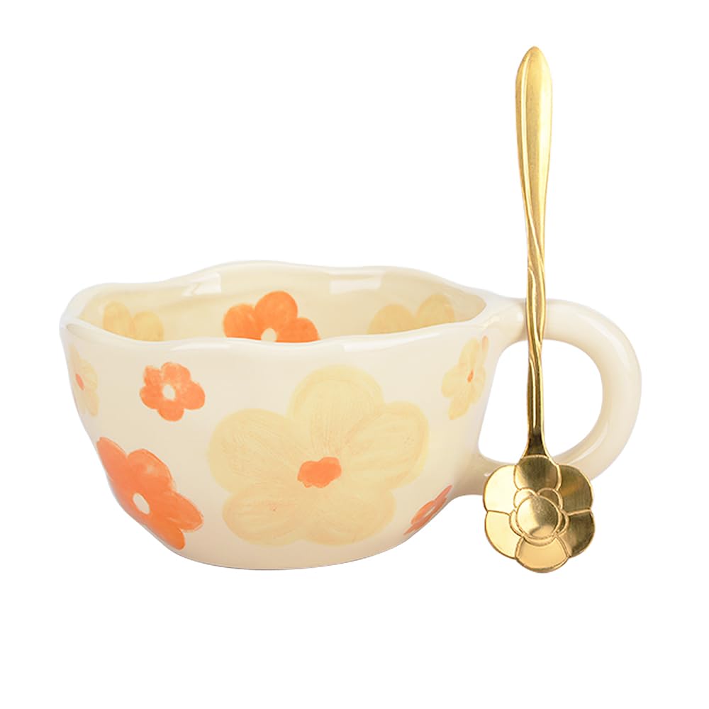 XinHuiGY Cute Coffee Mug, Ceramic Tea Mugs, Handmade Irregular Coffee Cup, Orange Flower Mug with Spoon, Aesthetic Mugs for Milk Cocoa, Mother’s Day Gift for Mom Women Christmas 250ml (Orange)
