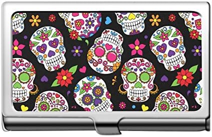 Professional Business Card Holder, Personalized Stainless Steel Wrap Card Case for Travel and Work - Colorful Sugar Skulls