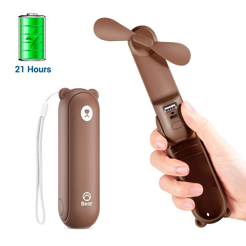 14-21 Hrs Desk USB Small Fan with Power Bank, Portable Outdoor Mini Fan, Battery Operated Pocket Fan, Handheld, Folding, Two Speeds, Whisper Quiet, Flashlight, for Kids Brown