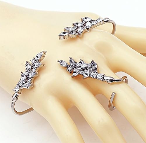 New Jewelry Zircon Hand Cuff Leaf Crystal Palm Bracelet Wedding Bangle Ring Set