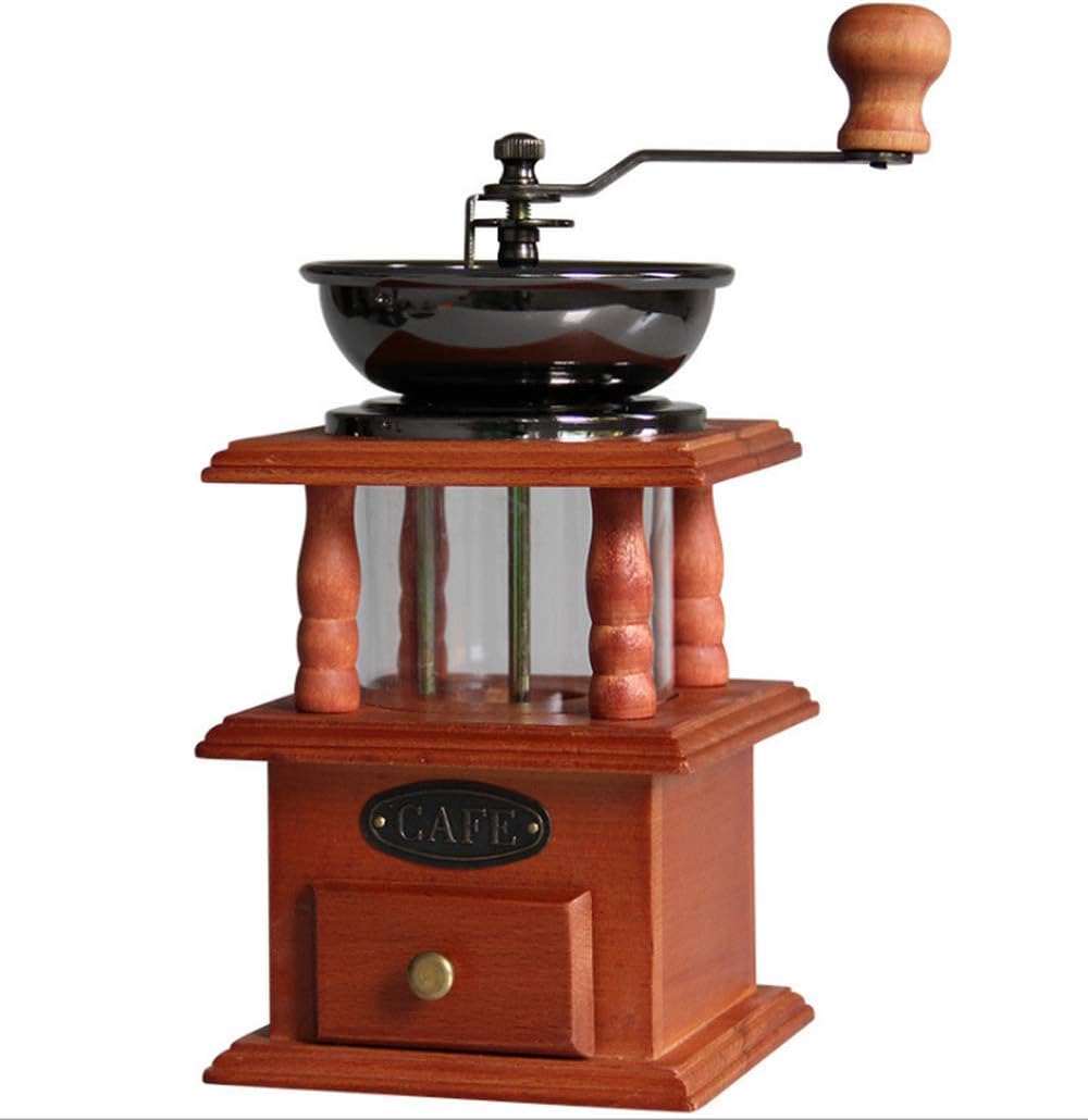 Manual Coffee Grinder Wooden Base with Drawer Coffee Bean Mill Vintage Antique Style Hand Crank