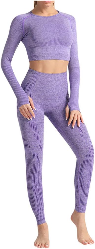 Women Fitness Two-Piece Set, Long-Sleeve Tops Seamless Skinny High Waist Elastic Running Fitness Two-Piece Set