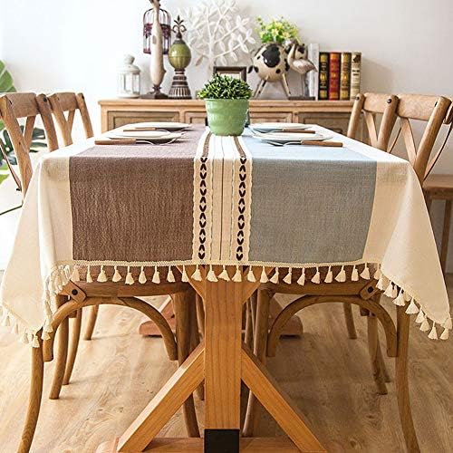 Toechmo Solid Embroidery Lattice Tassel Tablecloth Cotton Linen Dust-Proof Table Cover for Kitchen Dinning Tabletop Decoration(Square, 55"x55",Coffee & Blue)