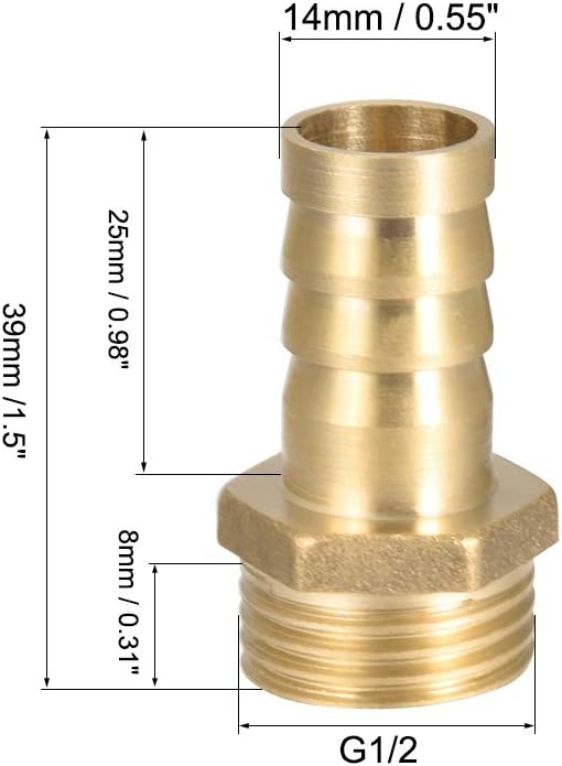 sourcing map Brass Hose Barb Fitting,Connector,14mm Barb x 1/2 PT Male Pipe Adapter,5Pcs, Gold, 14mm x 1/2 PT - Image 3