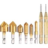 Gejoy 2 Pack Automatic Center Punch One-Hand Operational Adjustable Spring Stroke Strength and 6 Pieces Countersink Drill Bit Set 1/4 Inch Hex Shank 90 Degree HSS 5 Flute Hole Cutter Chamfering Drill