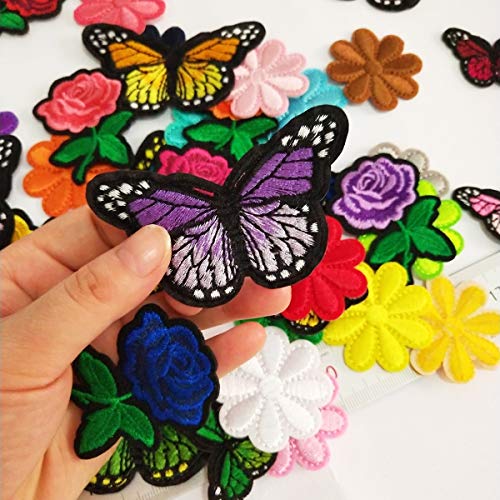Czorange Butterfly Applique Clothing Iron On Patch Embroidery Applique Patches Rose Flowers for Arts Crafts DIY Decor, Jeans, Jackets, Clothing, Bags (Pack of 40 Pieces)