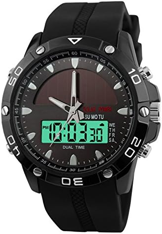 Solar Watches for Men, JIGE Solar Powered Quartz Watch 2 Display Multifunctional Sports Watch (Black)