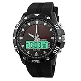 Solar Watches for Men, JIGE Solar Powered Quartz Watch 2 Display Multifunctional Sports Watch (Black)