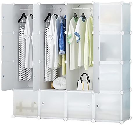 ETTBJA DIY Wardrobe Portable Translucent Clothes Organizer Modular Storage Unit Multi-Purpose Organizer(16 Cubes 3 Hanger Sections)