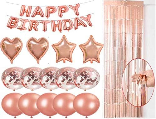 Wanna Party Rose Gold Party Decoration Set Includes Foil Fringe Door Foil Curtain, Happy Birthday Balloon