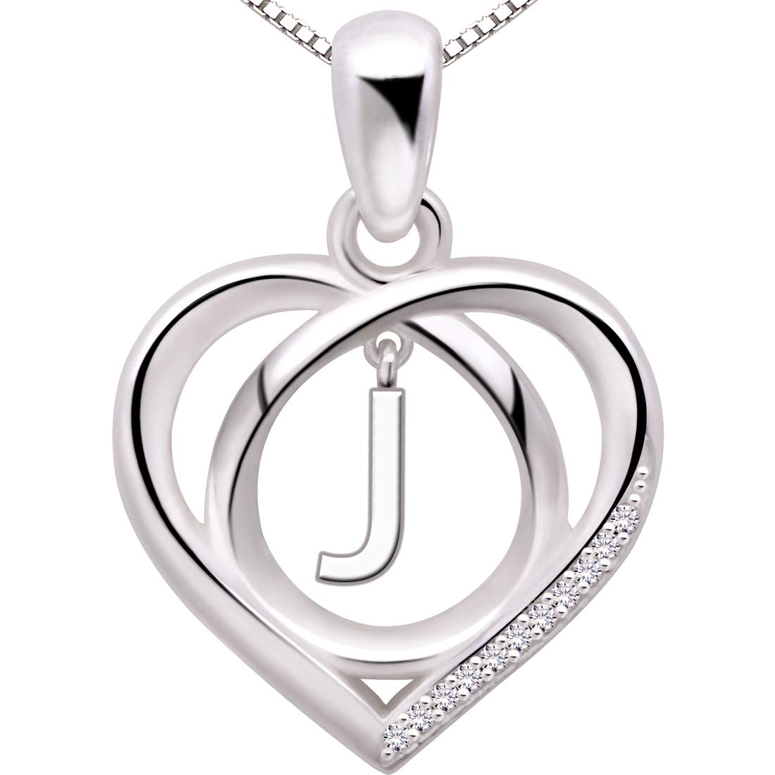 ALOV Jewelry Sterling Silver Initial J Letter Alphabet Love Heart Cubic Zirconia Pendant Necklace — image 1