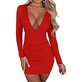 LAGSHIAN Women's Sexy Bodycon Long Sleeve V Neck Ruched Mini Club Dress