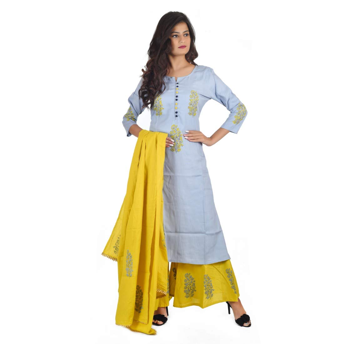 neemiya women solid contrast printed or zari embroidered kurti palazzo or sharara with dupatta - 3 peice party wear stylish ethnic set by shiv shakti fashion