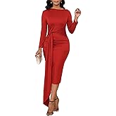 ENOPINK Womens Elegant Long Sleeve Wedding Guest Dress Ruched Bodycon Party Cocktail Church Midi Formal Dresses