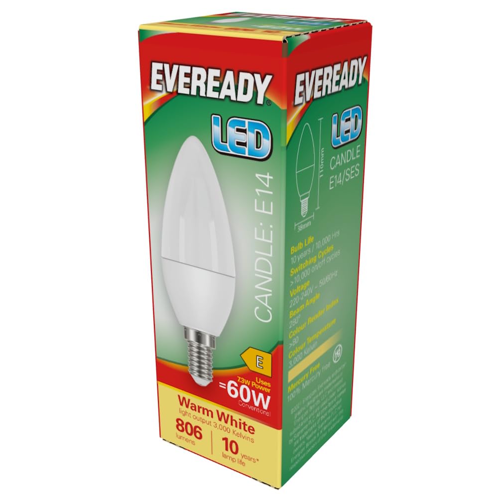 Eveready 7.3w = 60w LED Candle E14 SES 5 Pack 806 lumens Warm White 3000k