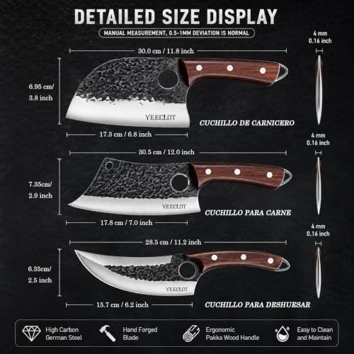 Juego de cuchillos de carnicero, 3 piezas cuchillo de chef serbio forjado a mano, cuchillo vikingo para cortar carne, con mangos ergonómicos, la cocina al aire libre, el camping y las barbacoas