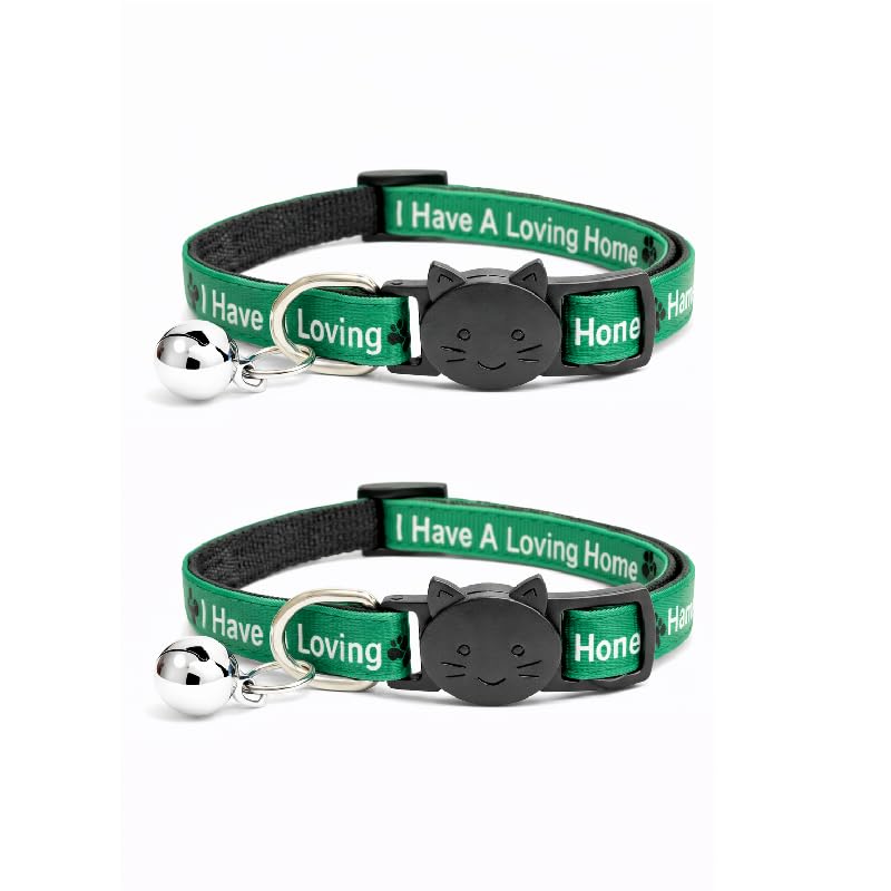 Worded Cat Collars – Please Do Not Feed Me, I Am Microchipped | Safe Quick Release Breakaway Buckle | Zacal Cat Collars (Pack of 2, Green, I Have A Loving Home)
