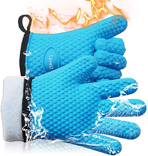 Loveuing Oven Gloves Silicone and Cotton Double Layer - Heat Resistant BBQ Gloves/Kitchen Gloves/Flexible Oven Mitts - Perfect for Baking and Barbecue, 1 pair (Blue, Small)