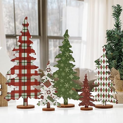 Christmas Decorations indoor-5 sizes Wooden Christmas Tree Sign-Xmas Decorations for Home Shelf Mantel Fireplace Table Windowsill Party Decor