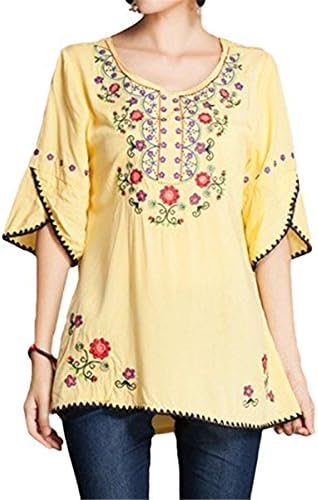 Yaketera Women's Bohemian Embroidered Mexican Peasant Tops Blouses