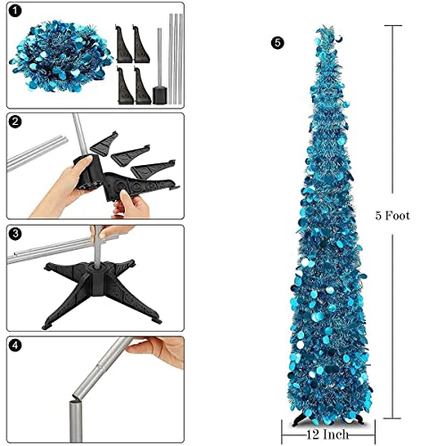 JoyLeo 5ft Blue Pop Up Christmas Tree with Reflective Sequins, Small