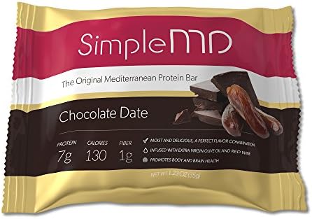 SimpleMD Chocolate Date Mediterranean Bars, High Protein, Low Carb, Gluten-Free, w/ Red Wine and Olive Oil (12 Pack)