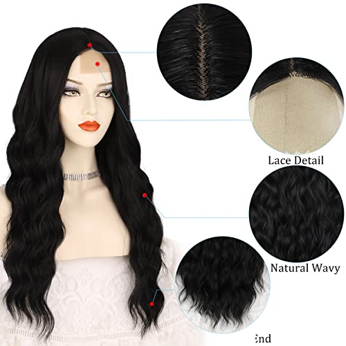 POPTAIYU Long Black Wavy Wigs for Women Lace Front Body Middle Part Hair Heat Resistant Synthetic Natural Looking Wigs for Daily Party Use (Black,26inch)