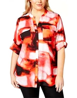 Womens Plus Printed Adjustable Sleeves Button-Down Top Red 2X