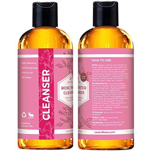 Rose Water Facial Cleanser by Leven Rose with Argan Oil & Aloe Vera, Gentle Foaming, Anti-Aging, Stops Breakouts, Balances pH, Great for All Skin Types Cleanser 4 oz