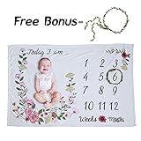 Baby Monthly Milestone Blanket – Floral Plush Fleece Baby Photography Backdrop Memory Blanket for Newborns Large – New Moms Baby Shower Gift – 100% Wrinkle-Free - Bonus Floral Wreath +