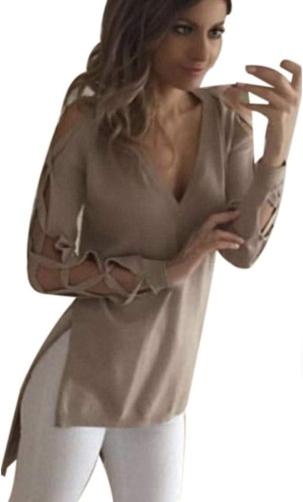TYTUOO Women's Blouse Fashion Casual Club Sexy Solid Color Hollow Long Sleeve V Neck Shirt
