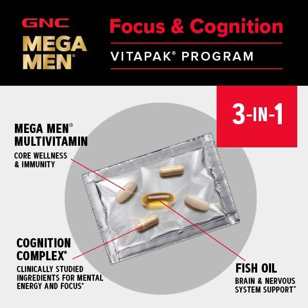 GNC Mega Men Focus and Cognition Vitapak Program, Convenient, Complete Nutrition, 3 Products in 1 Packet, Clarity, Focus, Energy, Concentration, Works on Day One, 100mg Caffeine, 30 Daily Packs
