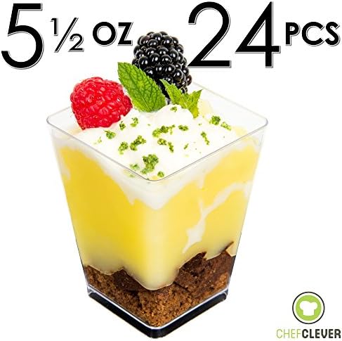 Chef Clever 24 Count Clear Plastic Square Dessert Cups with Recipe eBook, Large (5 oz. Mini Cube - No Spoons)