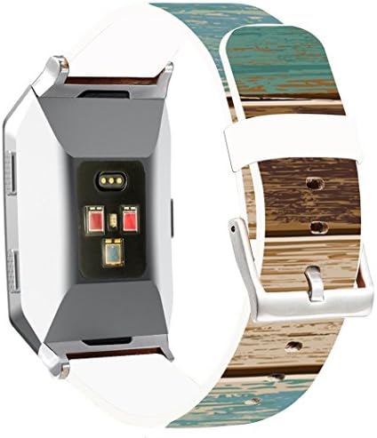 Bands Replacement Compatible for Fitbit Ionic - ENDIY Leather Strap for Compatible with Fitbit Ionic Small & Large Silver Women Men - Retro Wood Pattern
