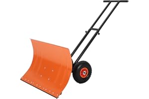 29" Snow Shovel Pusher, Heavy Duty Metal Wheeled Snow Plow with Adjustable Handle & Angled Blade, Snow Removal Tool for Drive