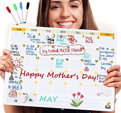 Magnetic Calendar for Refrigerator, Dry Erase Calendar Magnetic, Fridge Monthly Planner with 4 Markers, by BeeOzon