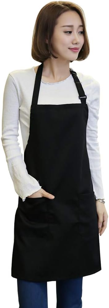 ZeMooon Black Bib Apron Adjustable Chef Apron with 2 Pockets Perfect Cooking Apron for Kitchen, Home, Restaurant, Cafe, Baking, Gardening