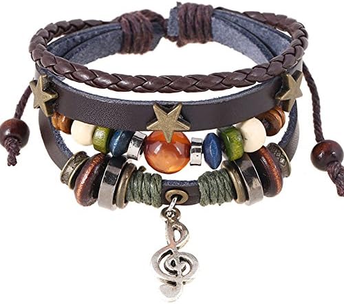 Beaded Leather Retro Bracelet Musical Notes Guitar Charm Multilayer Bangle Wristband