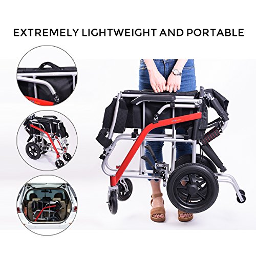 Hi-Fortune Wheelchair 21 lbs Lightweight Transport Medical Wheelchair with Adjustable Armrests and Hand Brakes, Portable and Folding, 18" Seat, Red