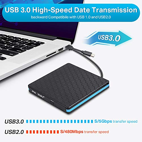 Wsky External CD DVD Drive, USB 3.0 Portable CD DVD Optical Drive, USB C High Speed Writer Burner Drive, Compatible with Laptop Desktop PC Windows XP/2003/Vista/7/8.1/10, Mac OS System, Linux
